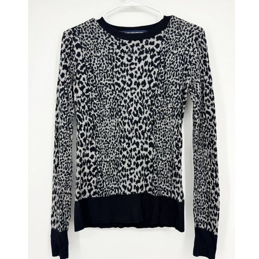 French Connection Womens Grey Black Leopard Print Crewneck Knit Sweater Size M